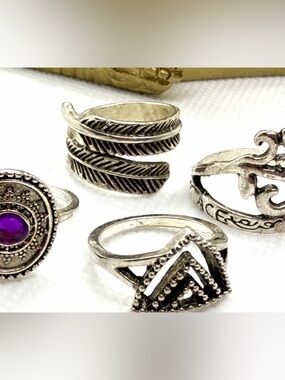 4 Silver Plated Boho Assorted Rings
